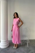 KETEN KOLSUZ BLUZ - MAXİ ETEK TAKIM - Pembe resmi
